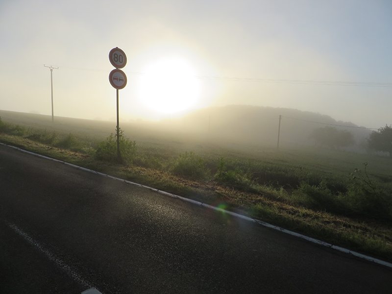 Hier steht ein Bild mit dem Titel: Ganz allmähiich dringt das erste Sonnenlicht durch den Morgendunst (Foto: Hans-Joachim Schneider)