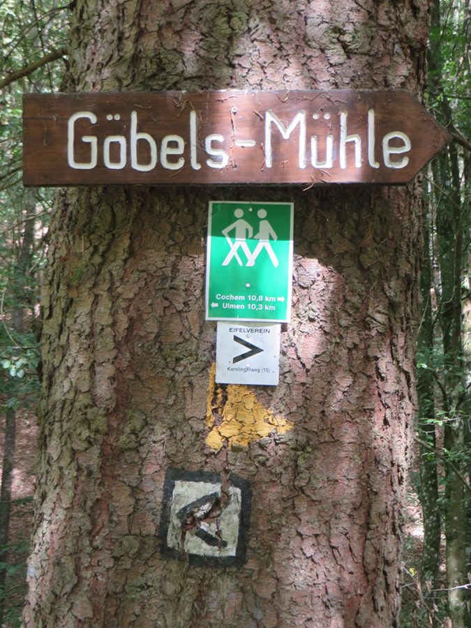 Ein mächtiger Baumstamm mit mehreren Wegmarkierungen: Schon beim Abstieg von der Straße zum Bach weist das erste Schild auf Göbels Mühle hin. Es wied nicht das letzte Mal sein