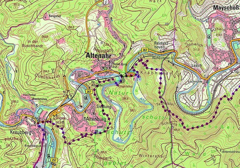 Karte, Kartenausschnitt, AhrSteig-Lückenschluss: Dieser Kartenausschnitt zeigt den Verlauf des neuen AV im oberen Bereich von Kreuzberg bis Mayschoss