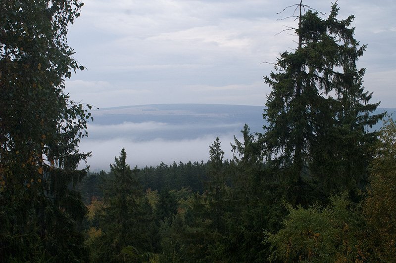 Blick vom Aussichtsturm auf der Wildenburg: Nebelbänke, Nebelschwaden – verhüllen die Dörfer auf der Hochfläche (Foto: H.-J. Schneider)