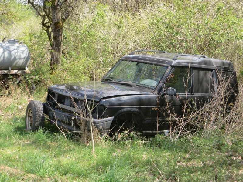 Ein großer SUV, ein Range Rover verrottet am Waldrand.