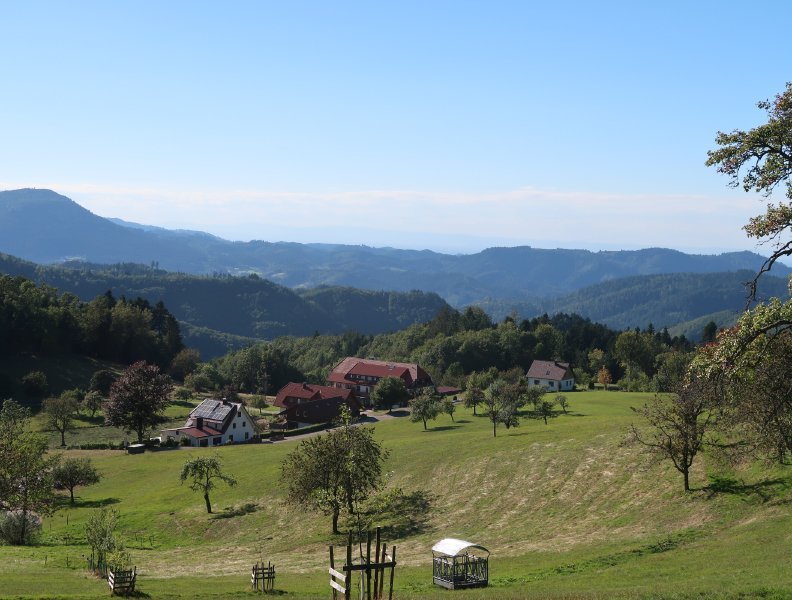 Blick vom Waldrand auf eine kleine Ansiedlung, dahinter das gewaltige Panorama der Schwarzwälder Berge
